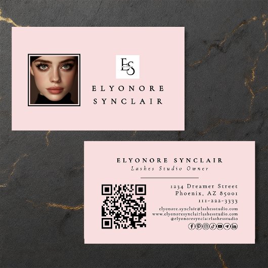 Blush Roze Script Logo QR Code Foto Wimpers Visitekaartje