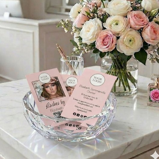 Blush Roze Script Logo QR Code Foto Wimpers Visitekaartje