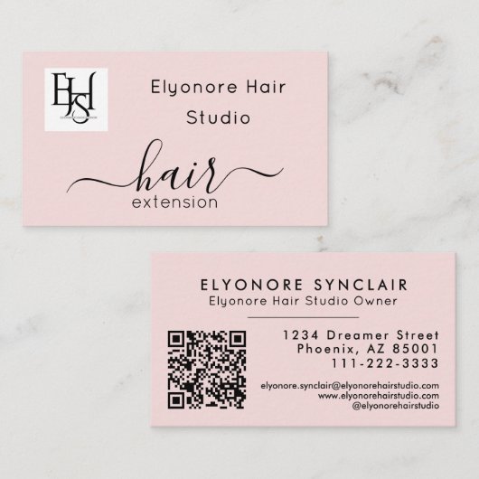 Blush Roze Script Logo QR Code Haarverlenging Visitekaartje (Voorkant / Achterkant)