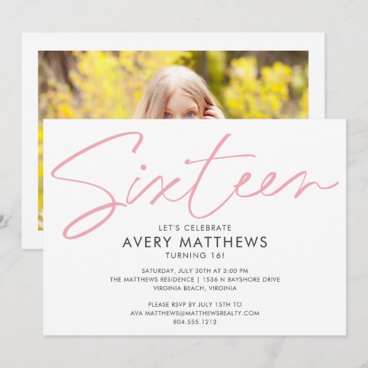 Blush roze Script Modern Sweet 16 Birthday Party Kaart (Voorkant / Achterkant)