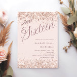 Blush roze script modern Sweet 16 Kaart<br><div class="desc">Een moderne Sweet 16 uitnodiging. Een zachte,  blush roze achtergrond en het woord Sixteen geschreven met grote letters. Versierd met faux sparkles,  confetti. Personaliseer en voeg een naam en partijgegevens toe.</div>