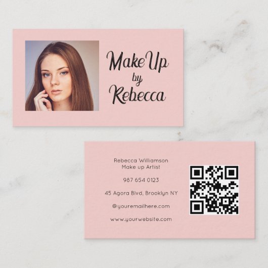 Blush Roze Script QR Code Foto Make-up Visitekaartje (Voorkant / Achterkant)