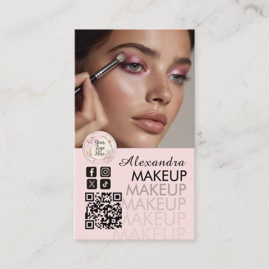 Blush Roze Script QR Code Foto Make-up Visitekaartje (Voorkant)