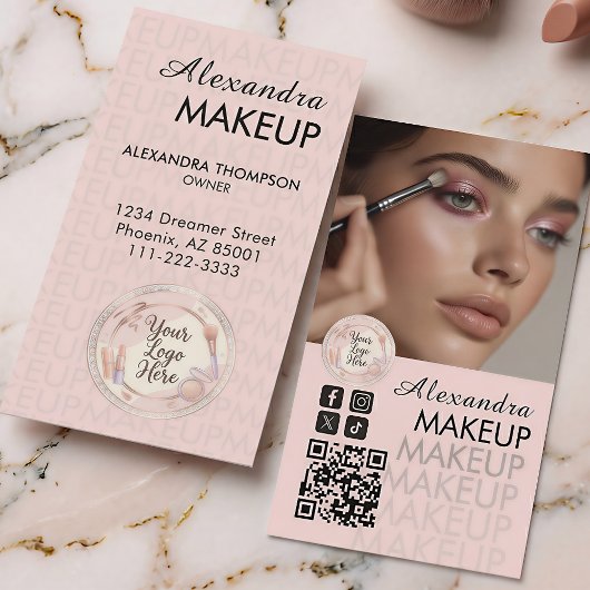 Blush Roze Script QR Code Foto Make-up Visitekaartje