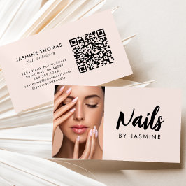 Blush Roze Script QR Code Foto Nagelsalon Visitekaartje