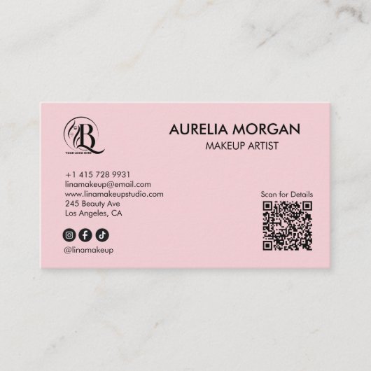 Blush Roze Script Sociaal Icoon QR Code 3 Foto Visitekaartje (Voorkant)
