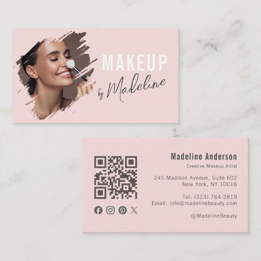 Blush Roze Script Sociaal Icoon QR Code Foto Make- Visitekaartje (Voorkant / Achterkant)