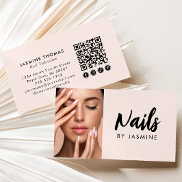 Blush Roze Script Sociaal Icoon QR Code Foto Nagel Visitekaartje