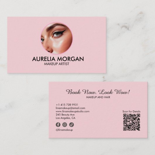Blush Roze Script Sociaal Icoon QR Code Foto Visitekaartje (Voorkant / Achterkant)