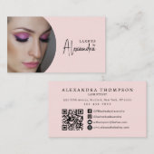 Blush Roze Script Sociaal Icoon QR Code Foto Wimpe Visitekaartje (Voorkant / Achterkant)