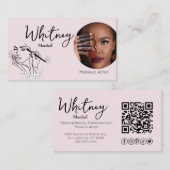 Blush Roze Script Sociale Icon QR Code Foto Make-u Visitekaartje (Voorkant / Achterkant)