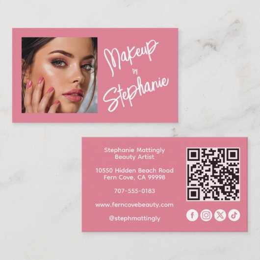 Blush Roze Script Sociale Icon QR Code Foto Make-u Visitekaartje (Voorkant / Achterkant)