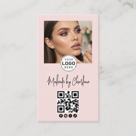 Blush Roze Script Sociale Icon QR Code Foto Make-u Visitekaartje (Voorkant)