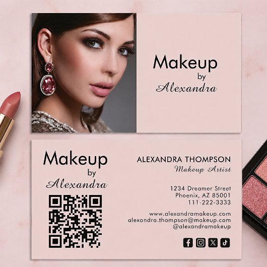 Blush Roze Script Sociale Icon QR Code Foto Make-u Visitekaartje