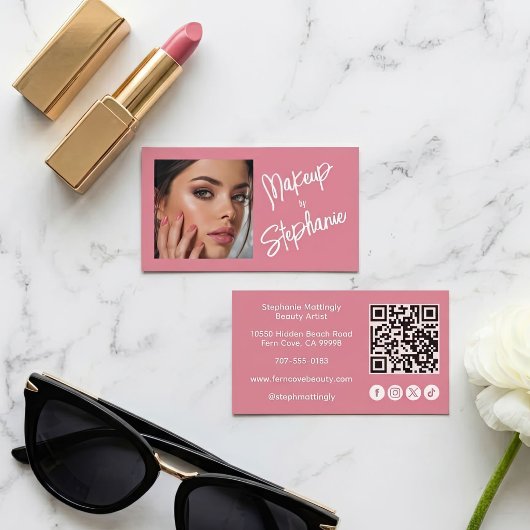 Blush Roze Script Sociale Icon QR Code Foto Make-u Visitekaartje