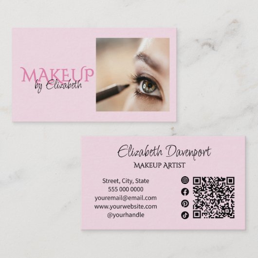 Blush Roze Script Sociale Icon QR Code Foto Make-u Visitekaartje (Voorkant / Achterkant)