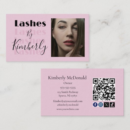 Blush Roze Script Sociale Icon QR Code Foto Wimper Visitekaartje (Voorkant / Achterkant)