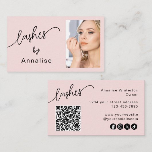 Blush Roze Script Sociale Icon QR Code Foto Wimper Visitekaartje (Voorkant / Achterkant)
