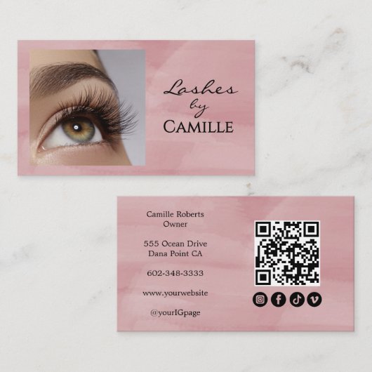 Blush Roze Script Sociale Icon QR Code Foto Wimper Visitekaartje (Voorkant / Achterkant)