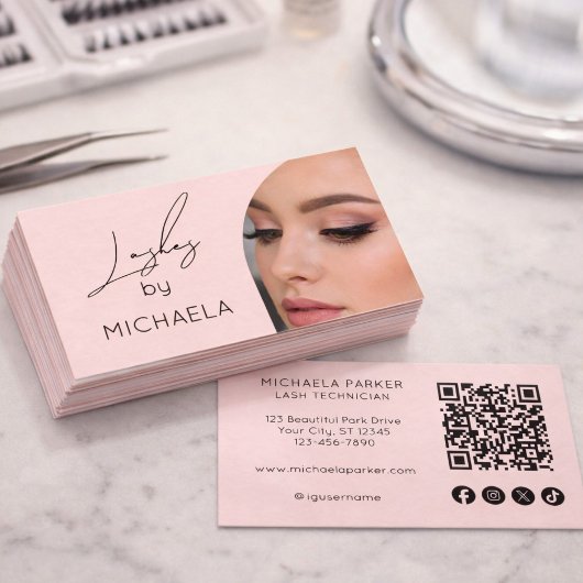Blush Roze Script Sociale Icon QR Code Foto Wimper Visitekaartje
