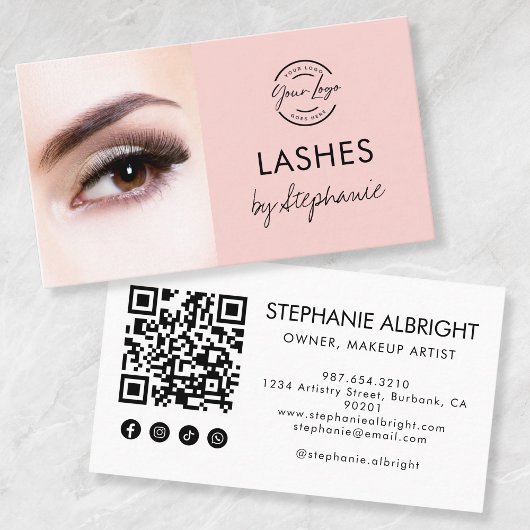 Blush Roze Script Sociale Icon QR Code Foto Wimper Visitekaartje