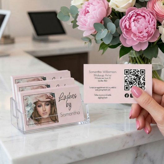 Blush Roze Script Sociale Icon QR Code Foto Wimper Visitekaartje