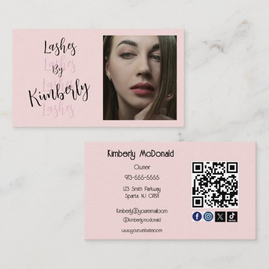 Blush Roze Script Sociale Icon QR Code Foto Wimper Visitekaartje (Voorkant / Achterkant)