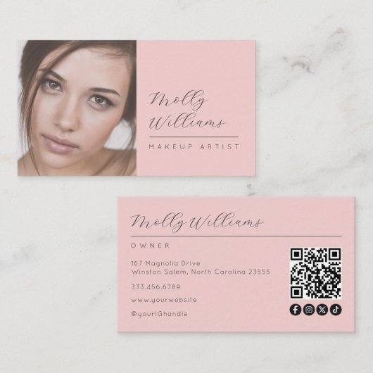 Blush Roze Script Sociale Icoon QR Code Foto Make- Visitekaartje (Voorkant / Achterkant)