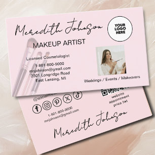 **Blush Roze Script Sociale Icoon QR Foto Make-up* Visitekaartje