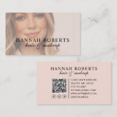 Blush Roze Script Sociale QR Code Foto Haar Make-u Visitekaartje (Voorkant / Achterkant)