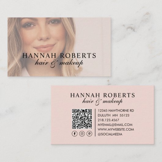 Blush Roze Script Sociale QR Code Foto Haar Make-u Visitekaartje (Voorkant / Achterkant)