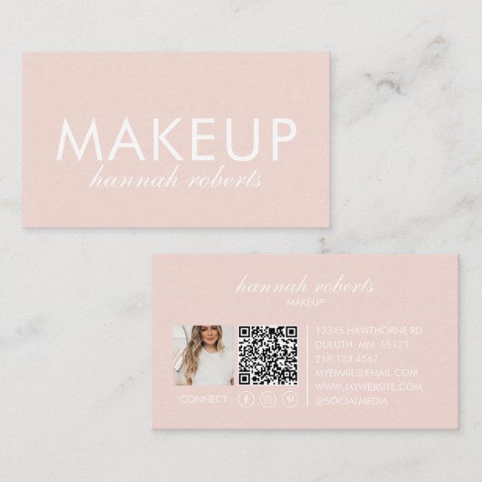 Blush Roze Script Sociale QR Code Foto Make-up Visitekaartje (Voorkant / Achterkant)