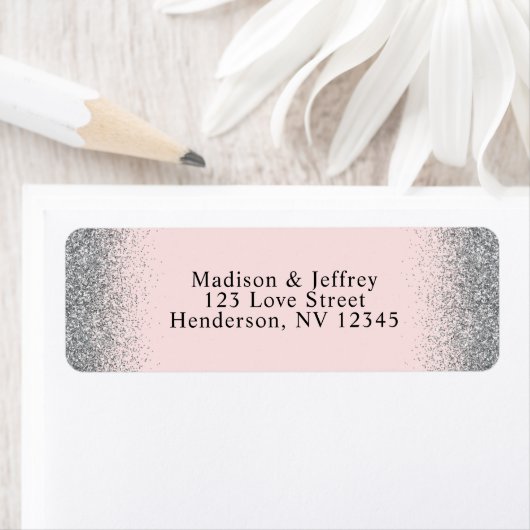 Blush roze & Silver Glitter Return Address Etiket (Insitu)