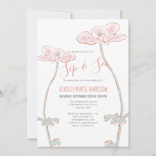 Blush Roze Sip & See Floral Baby Meisje Baby showe Kaart (Voorkant)