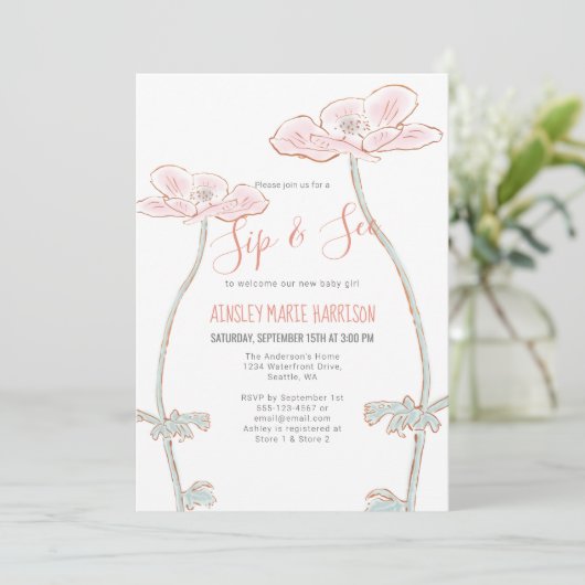 Blush Roze Sip & See Floral Baby Meisje Baby showe Kaart (Staand voorkant)