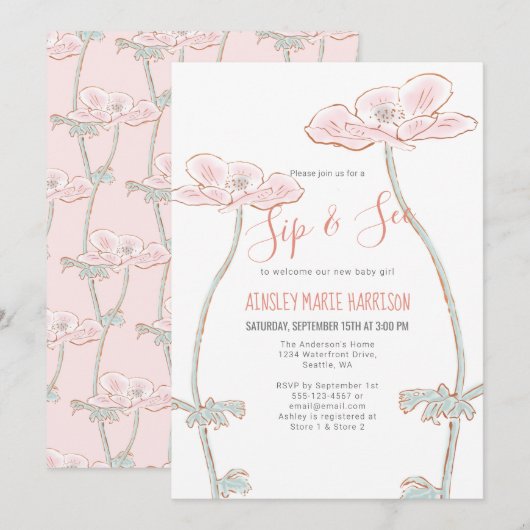 Blush Roze Sip & See Floral Baby Meisje Baby showe Kaart (Voorkant / Achterkant)