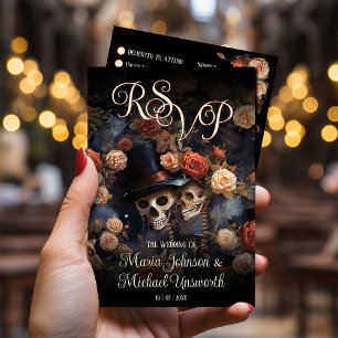 Blush roze skeletten gotische bruiloft RSVP kaartje