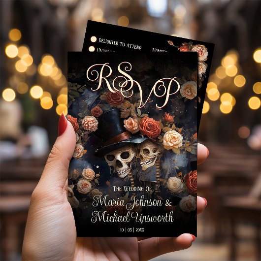 Blush roze skeletten gotische bruiloft RSVP kaartje