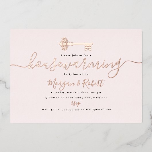 Blush Roze Sleutel Huis Verwarming Feest Folie Uitnodiging (Voorkant)