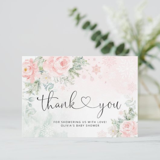 Blush roze sneeuwvlokken bedankt kaart (Staand voorkant)