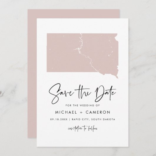 Blush Roze South Dakota Map Handgeschreven script Save The Date (Voorkant / Achterkant)