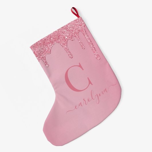 Blush roze sparkle Glitter Drift Monogram Grote Kerstsok (Achterkant (Hangend))