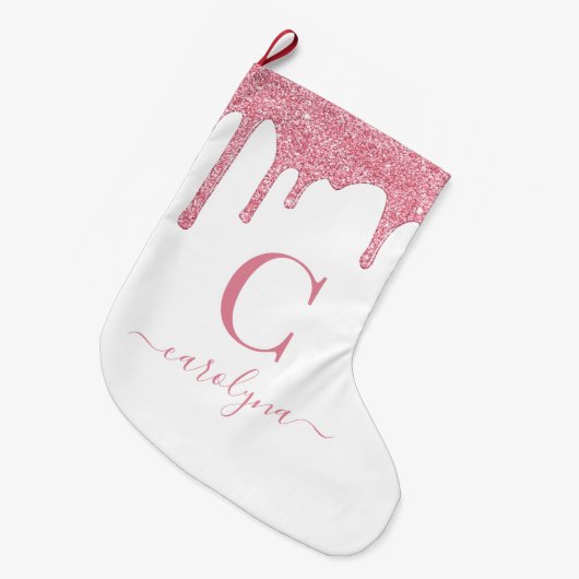 Blush roze sparkle Glitter Drift Monogram Grote Kerstsok (Voorkant (Hangend))
