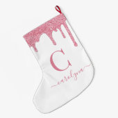 Blush roze sparkle Glitter Drift Monogram Grote Kerstsok (Achterkant (Hangend))