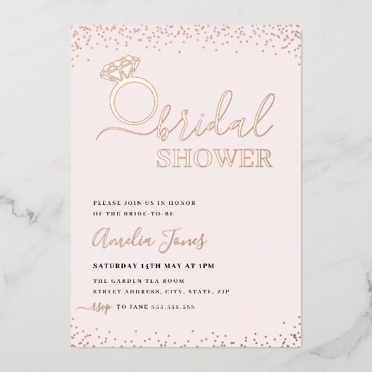 Blush Roze Sparkle Ring Roos Goud Vrijgezellenfees Folie Uitnodiging (Voorkant)