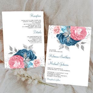 Blush Roze Stof Blauw Bloemstuk All in One Trouwen Kaart