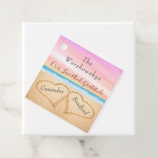 Blush Roze Strand Bruiloft 2 Harten in het Zand Bedankjes Labels (In situ)