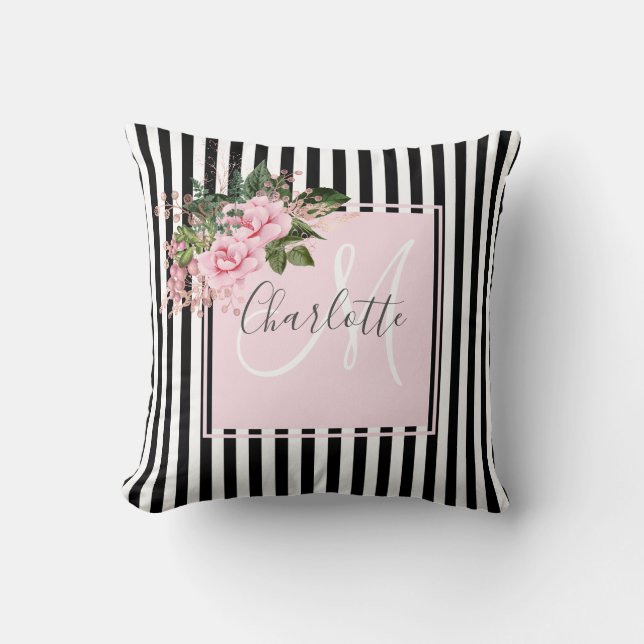 Blush roze strepen florale monogram kussen (Voorkant)