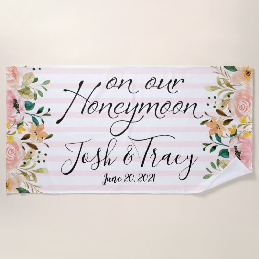 Blush Roze Strepen Honeymoon Pasgetrouwden Custom Strandlaken (Voorkant)