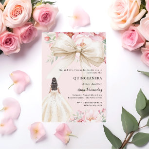 Blush roze strik bloemen crème jurk Quinceanera Kaart